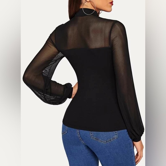 SHEIN Tie Neck Sheer Mesh Yoke Top - Picture 3 of 4